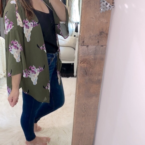 Peach Love green Texas longhorn floral print kimono size small - Picture 7 of 11